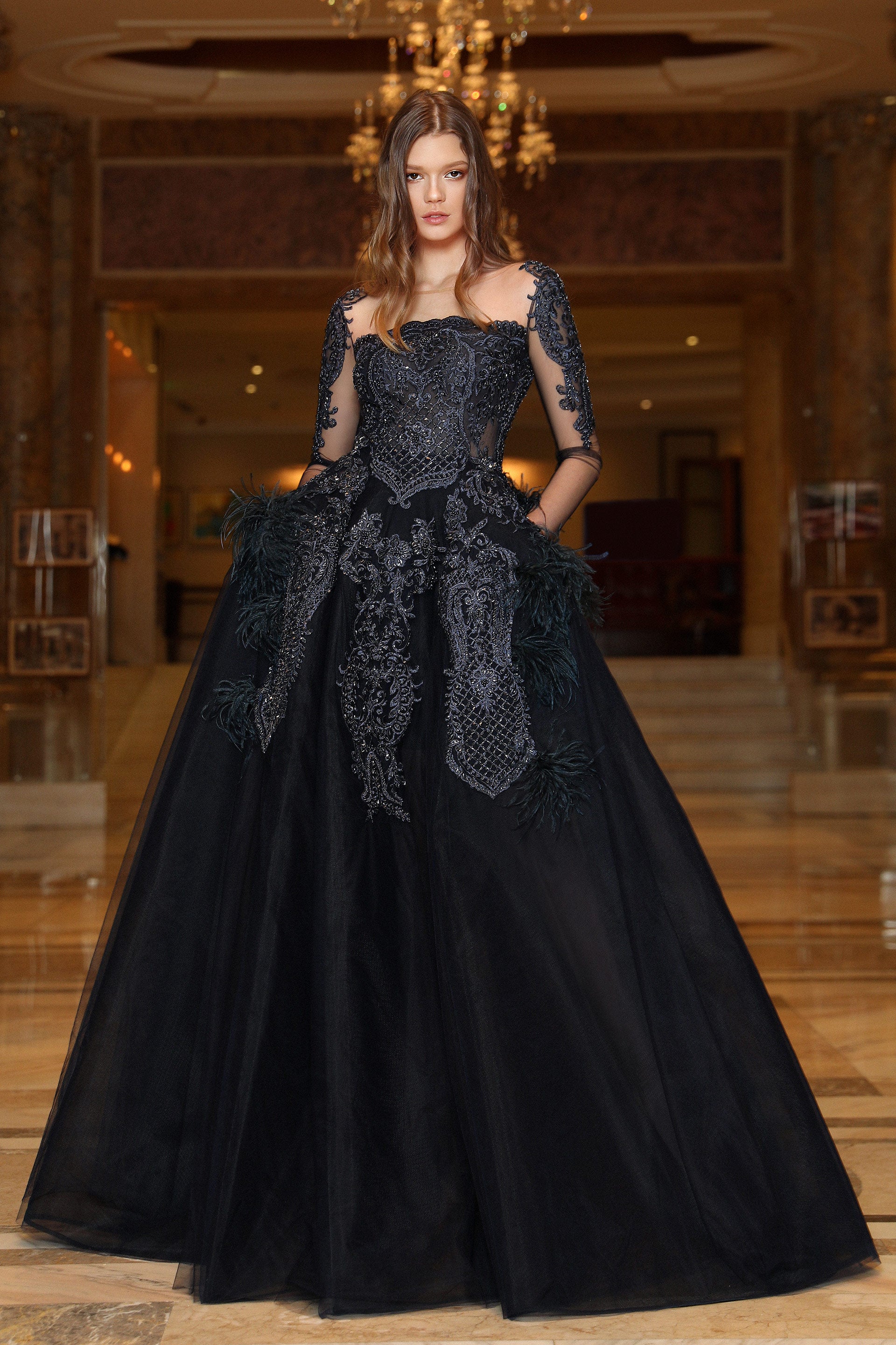 Hand sewn embroidery and tulle made in Italy 100% polyamide evening dress