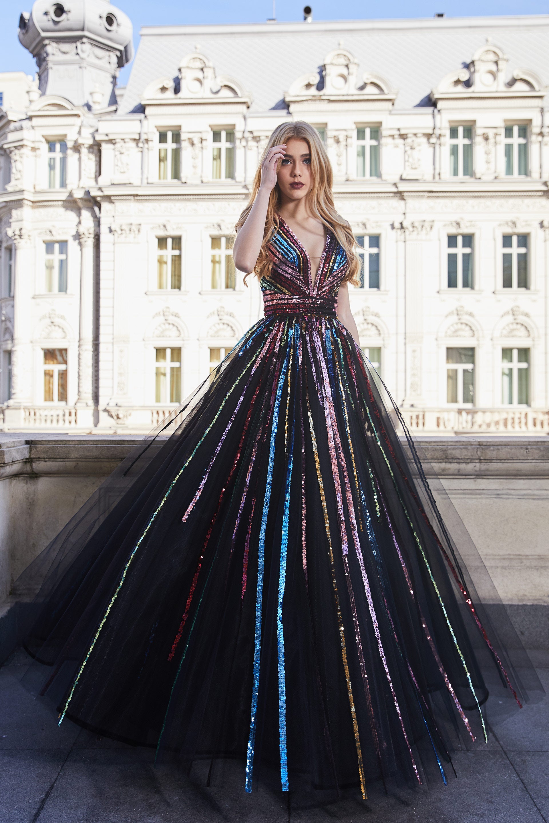 Sequin embroidery and Italian 100% polyamide tulle, long evening dress