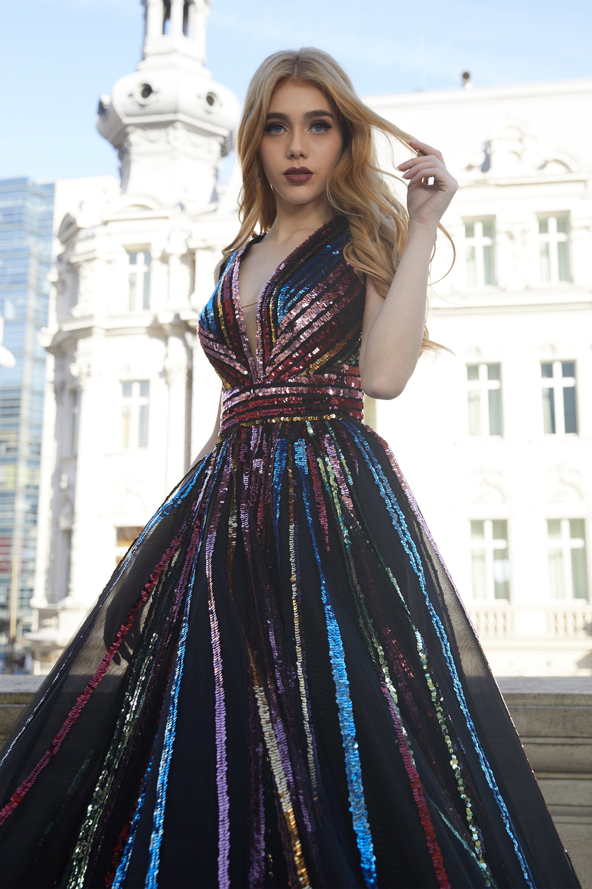 Sequin embroidery and Italian 100% polyamide tulle, long evening dress