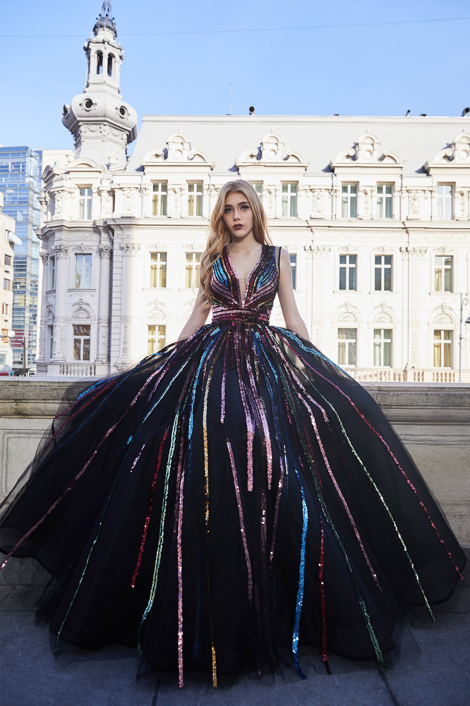 Sequin embroidery and Italian 100% polyamide tulle, long evening dress