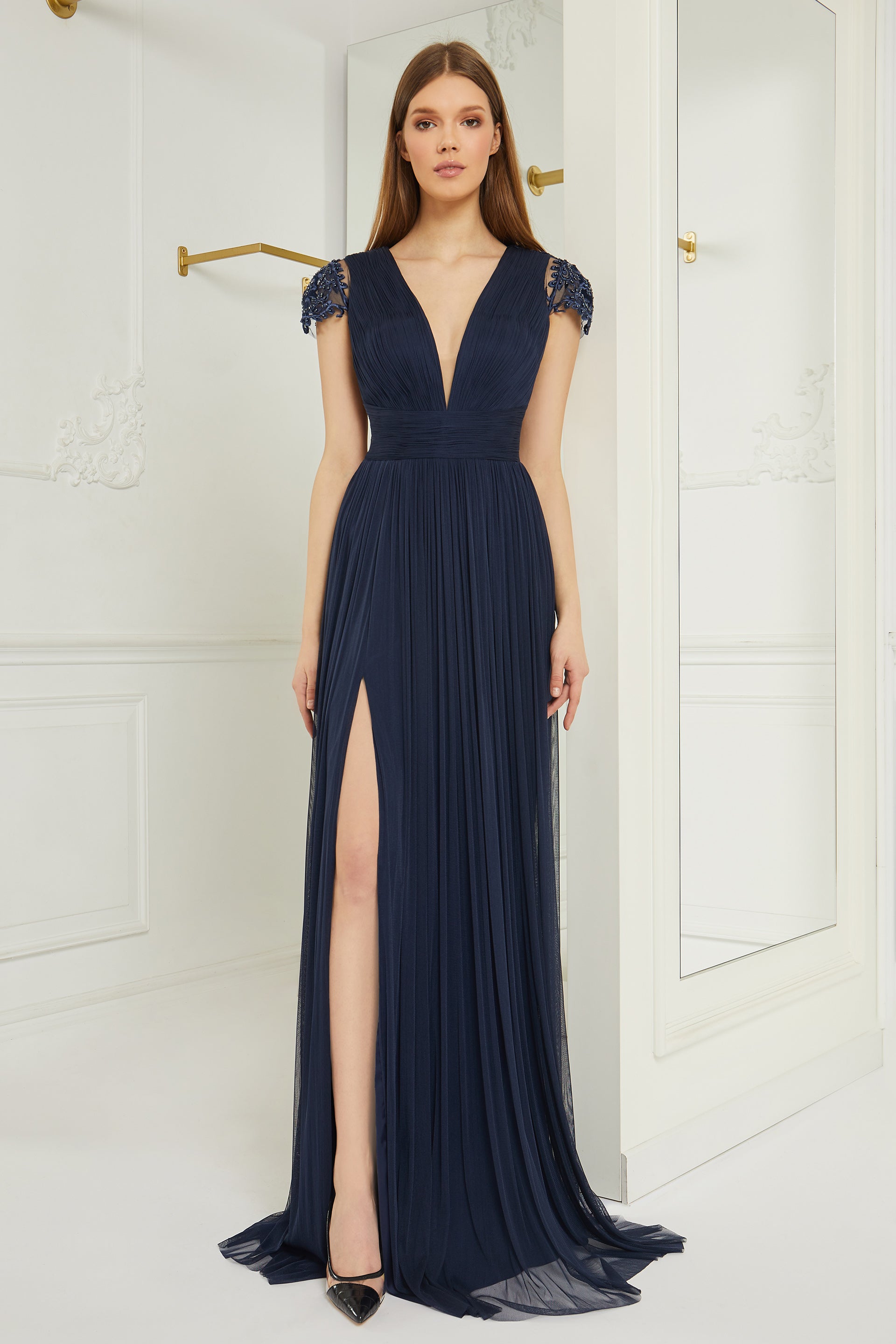 Long evening dress made of pure silk tulle with V-neckline