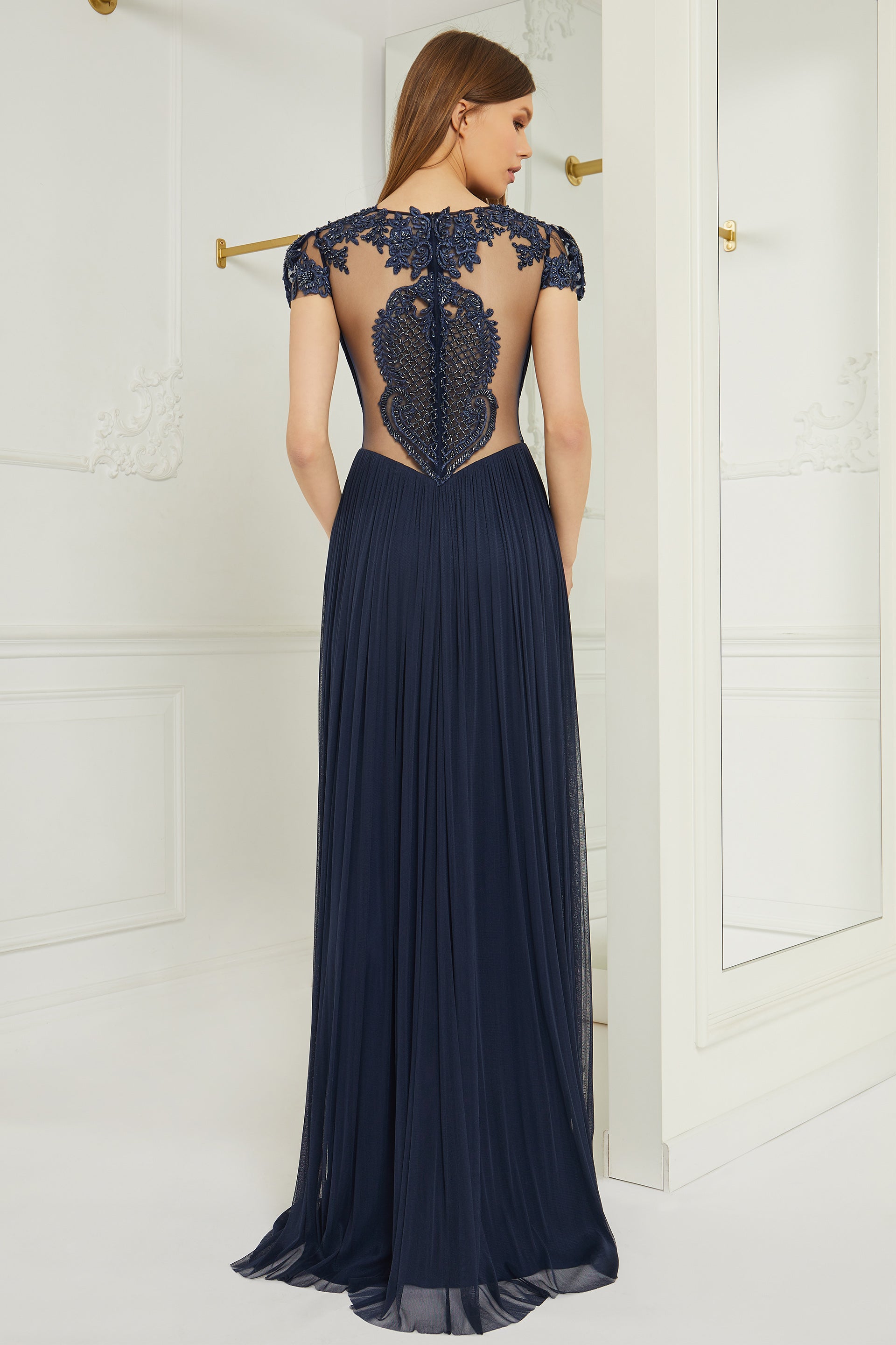 Long evening dress made of pure silk tulle with V-neckline