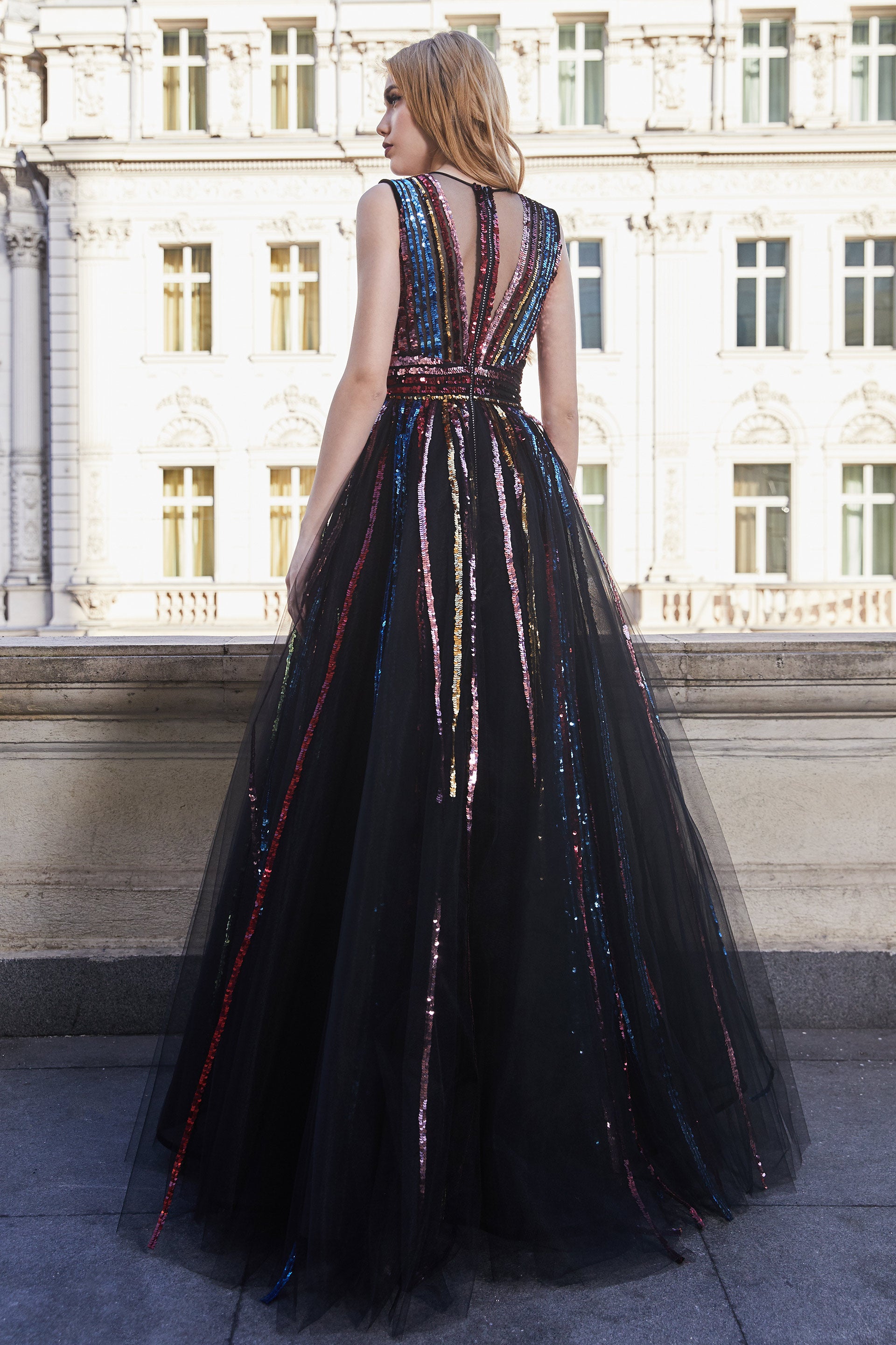 Sequin embroidery and Italian 100% polyamide tulle, long evening dress